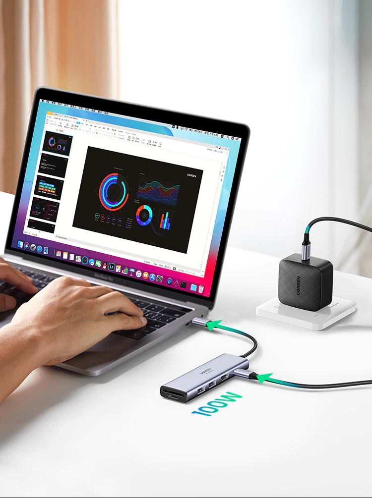 Ugreen 60384 - Bộ chuyển USB typeC sang 2×USB3.0+HDMI (4K60HZ)+SD TF+PD 6 IN 1